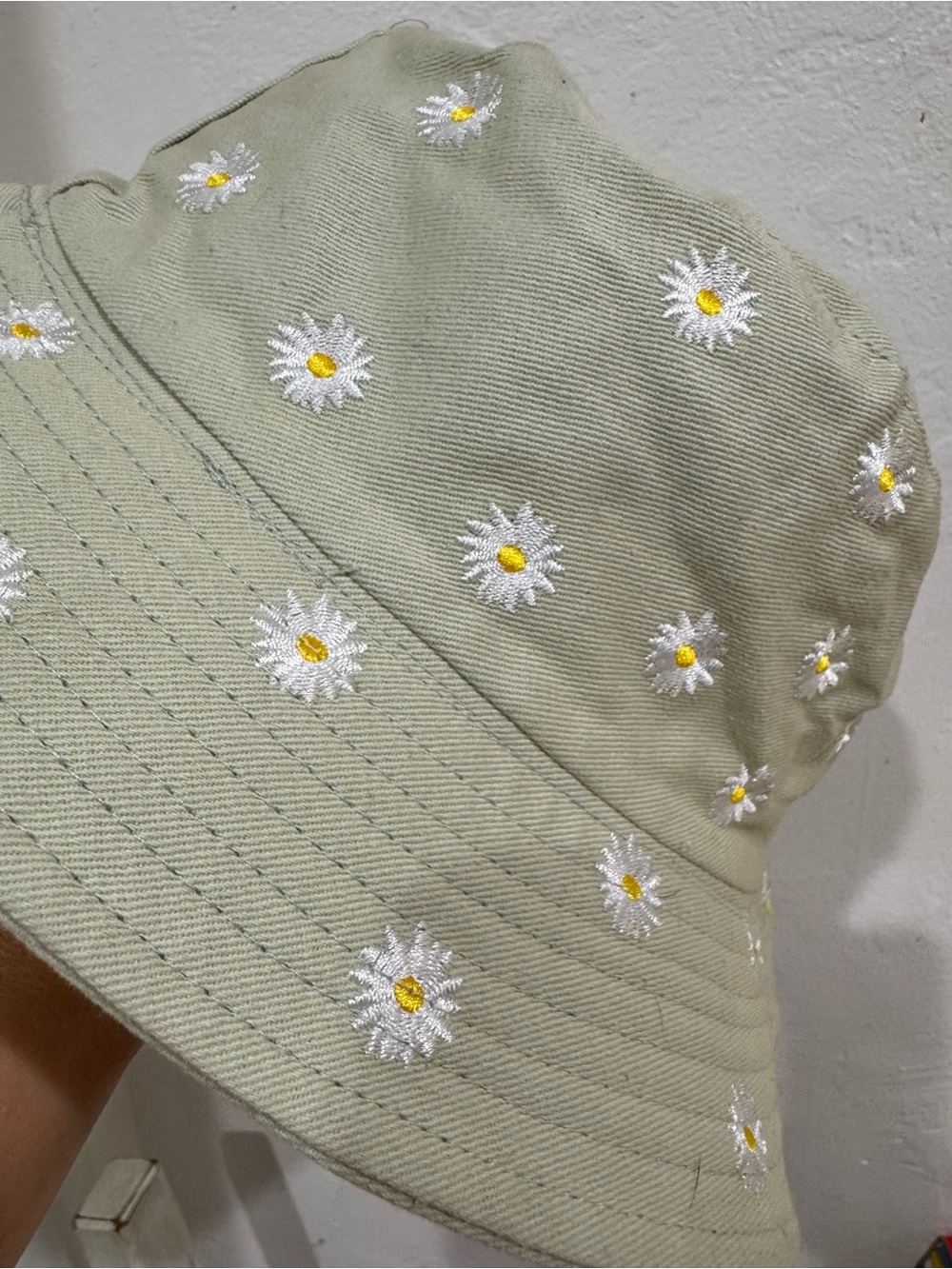 Bucket Hat with White Daisy Embroidery in Light Sage - Picture 7 of 8